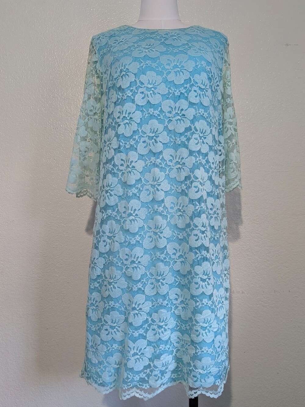 Vintage 1960s Aqua Blue Floral Lace Dress with White Floral Lace Overlay.